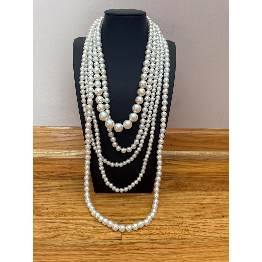 Multi-Strand Graduated Faux Pearl Necklace Adjustable Lobster Clasp White Beads